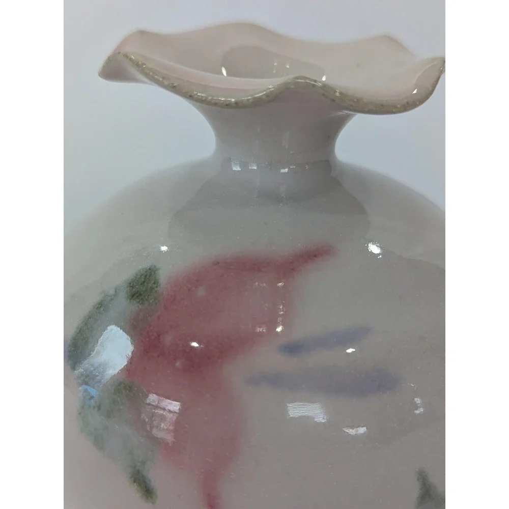 Jon Tury Michigan Studio Pottery Floral Bud Vase Ruffled Rim Pink White 4x4
